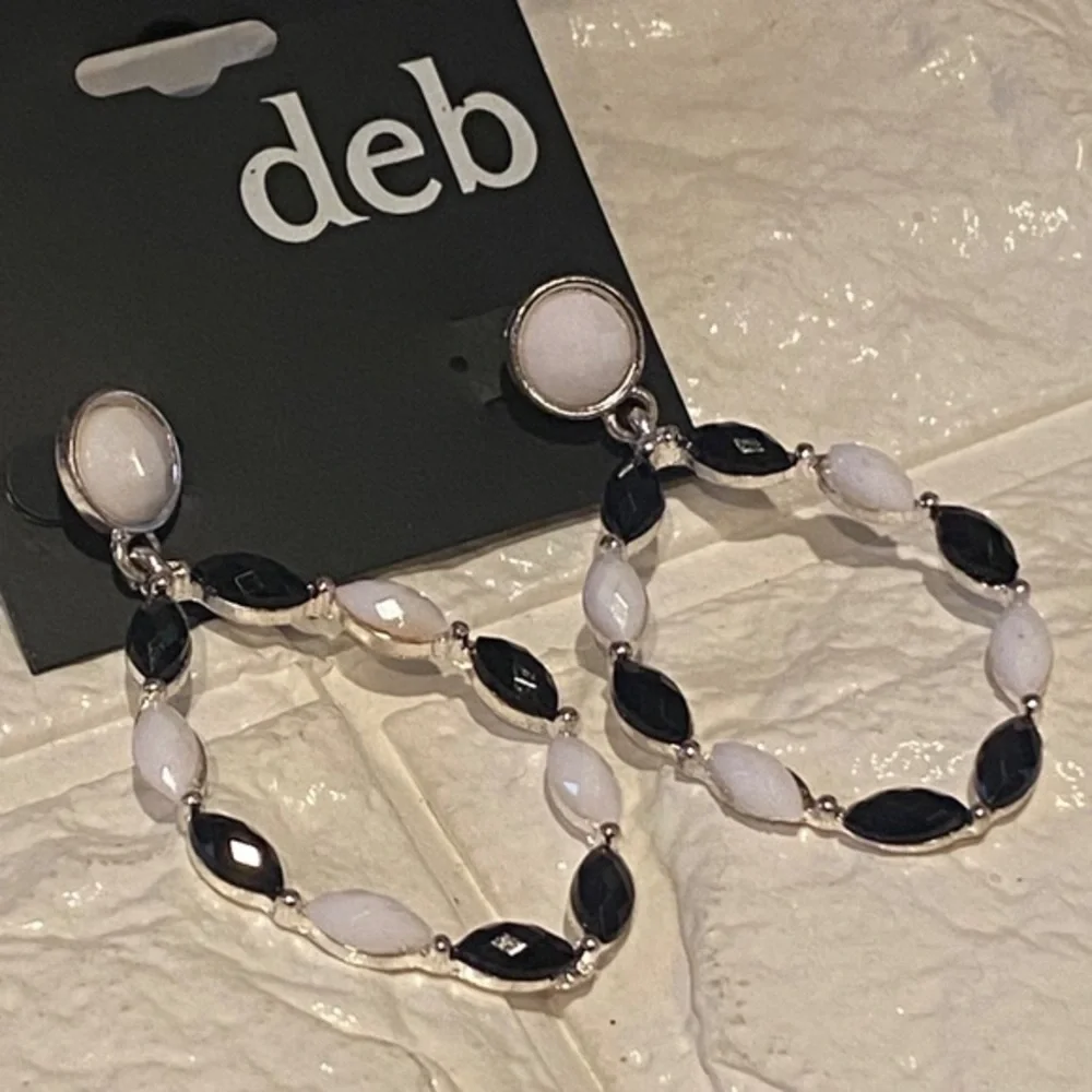 Deb Hoop Earrings Women Black White Beaded Silver Tone‎ Y2K Glam Party